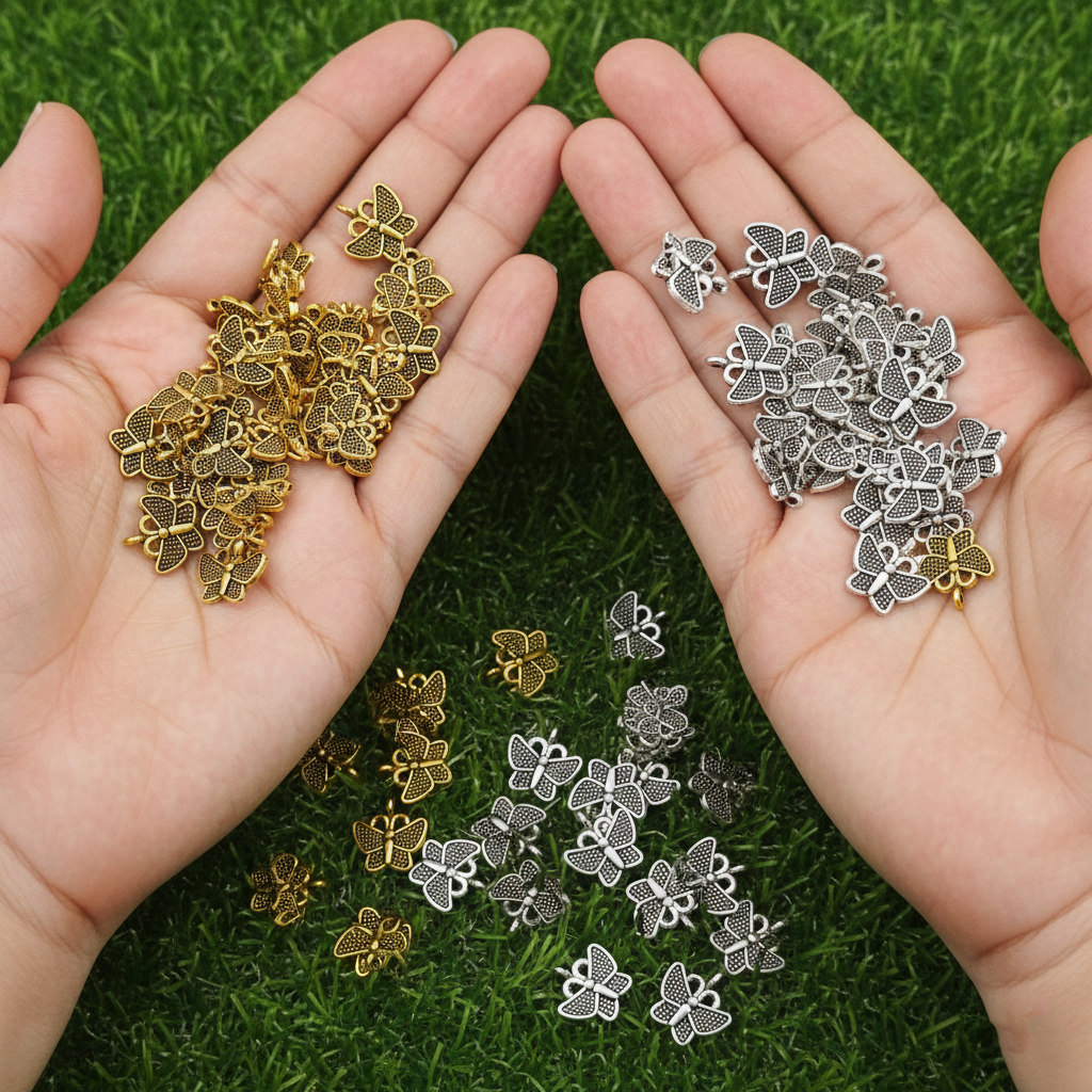 Oxidized Butterfly Charms Combo (Gold + Silver) – Antique Metal Butterfly Pendants for Jewellery Making