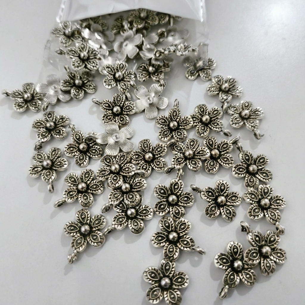 Oxidized Silver Flower Charms – Antique German Silver Floral Pendants