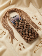 Handcrafted Luxe Beaded Fringe Phone Bag | Metallic Phone Pouch | Evening & Party Accessory