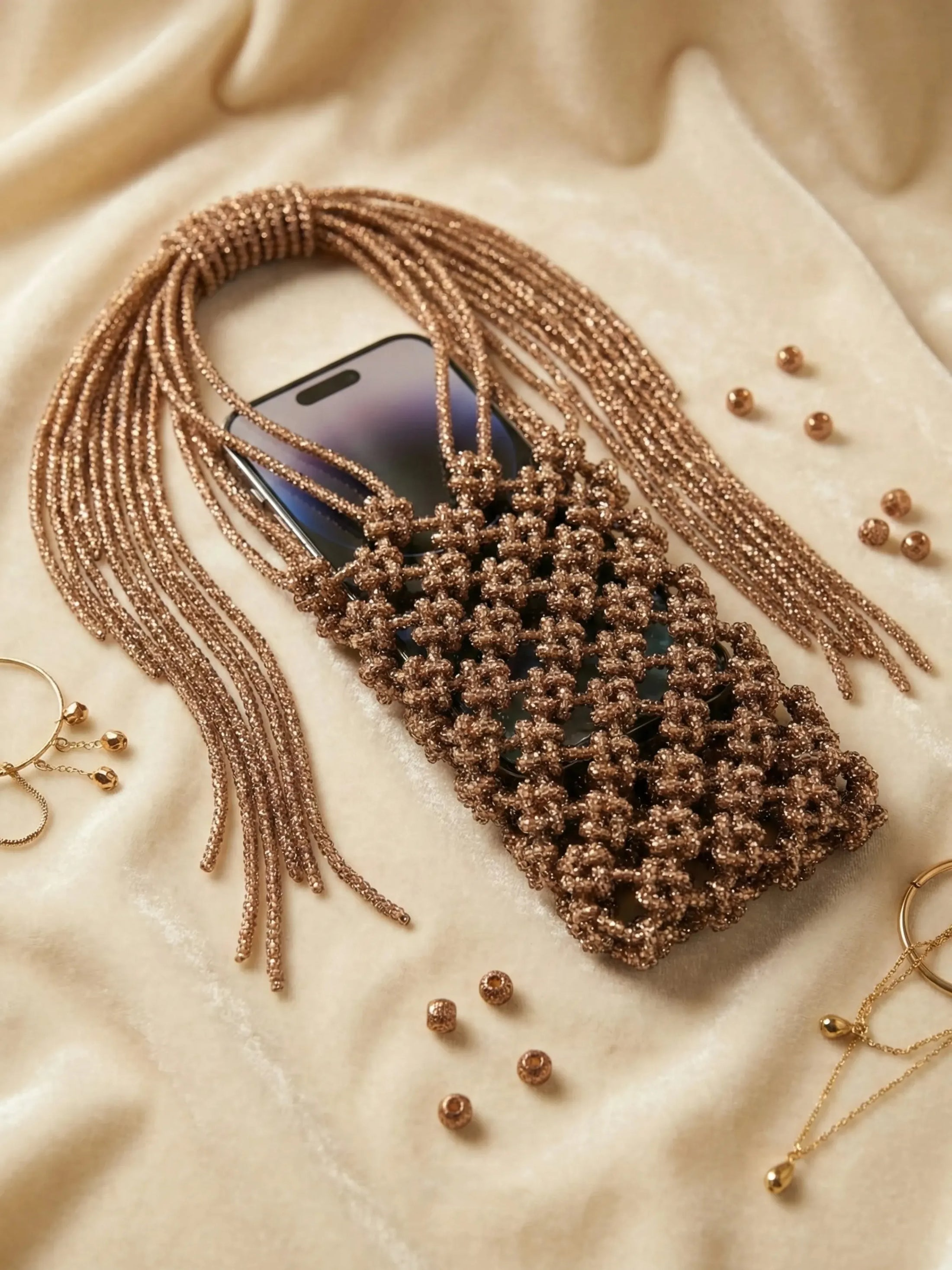 Handcrafted Luxe Beaded Fringe Phone Bag | Metallic Phone Pouch | Evening & Party Accessory
