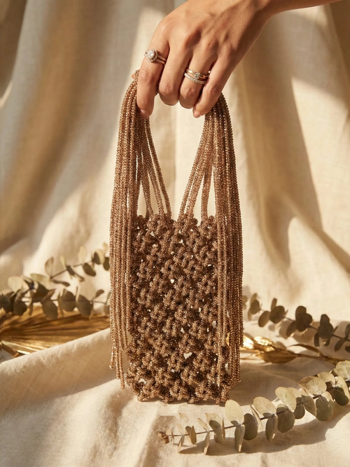 Handcrafted Luxe Beaded Fringe Phone Bag | Metallic Phone Pouch | Evening & Party Accessory