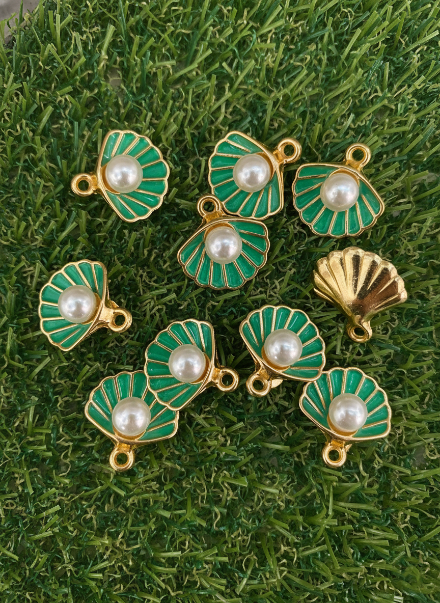 Green Enamel Seashell Pearl Charms – Golden Shell Pendants with Pearl for Jewellery Making
