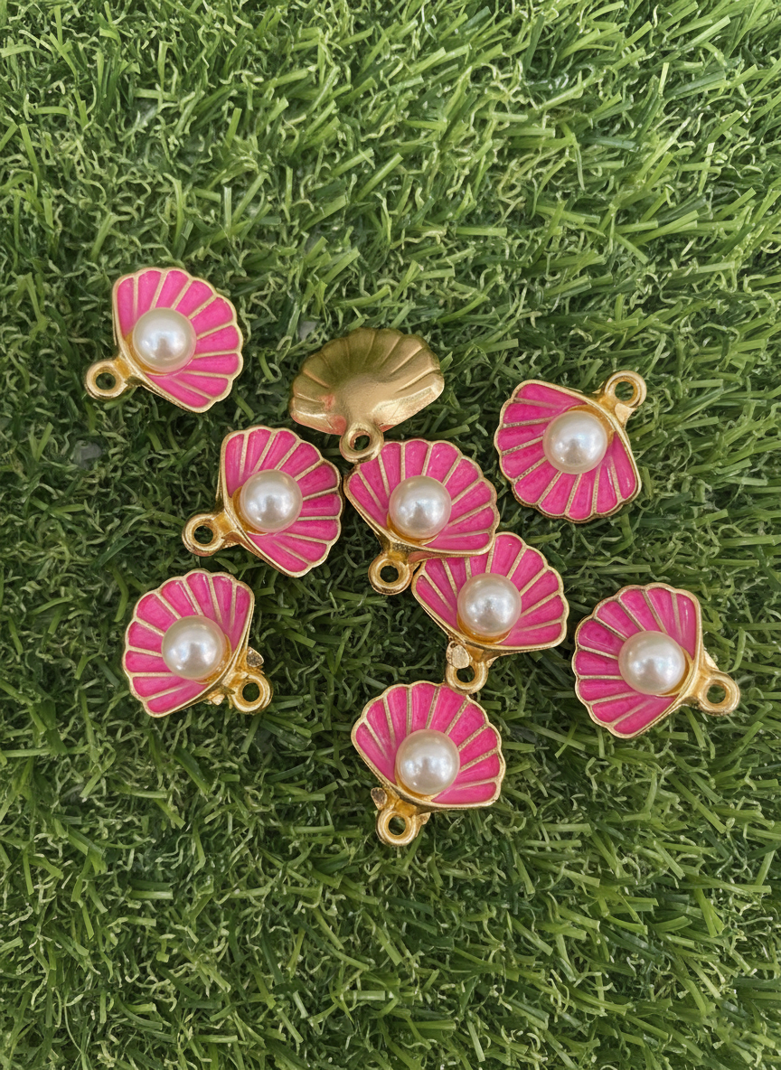 Pink Enamel Seashell Pearl Charms – Golden Shell Pendants with Pearl for Jewellery Making
