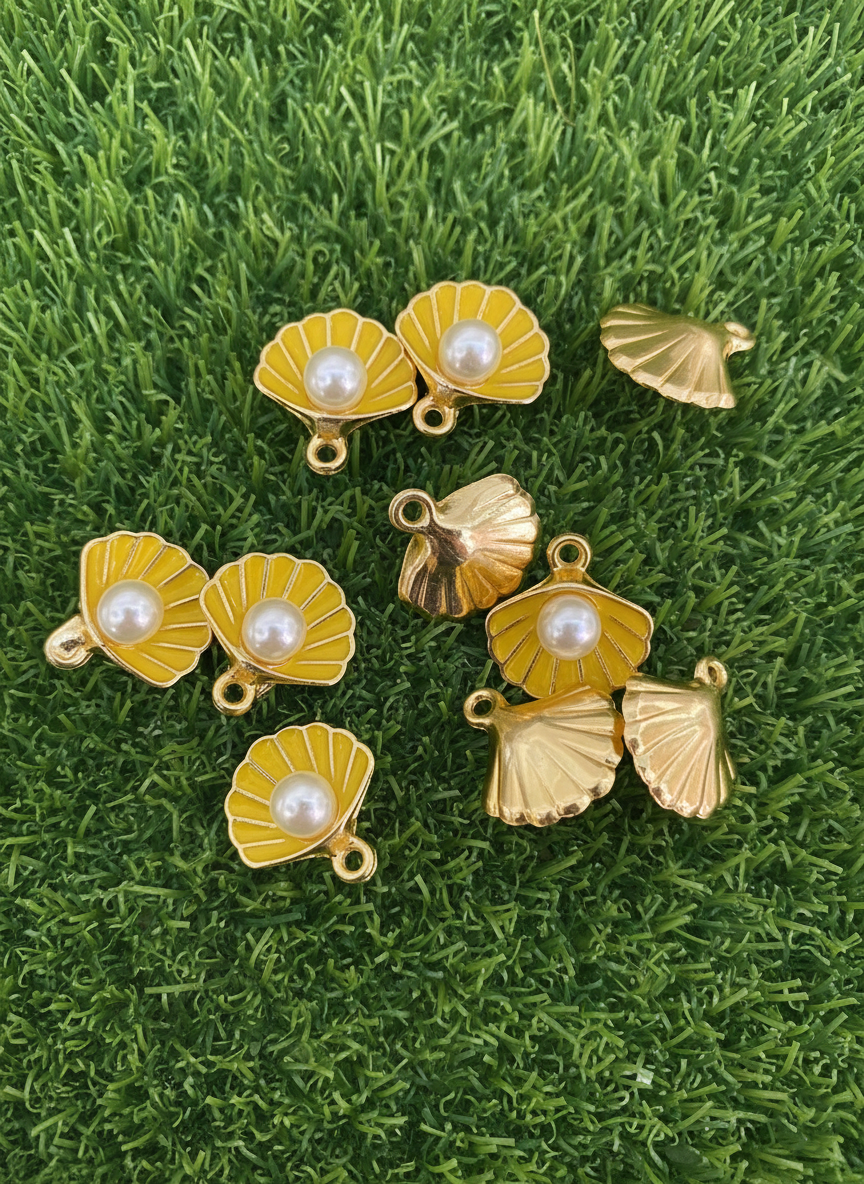 Yellow Enamel Seashell Pearl Charms – Golden Shell Pendants with Pearl for Jewellery Making