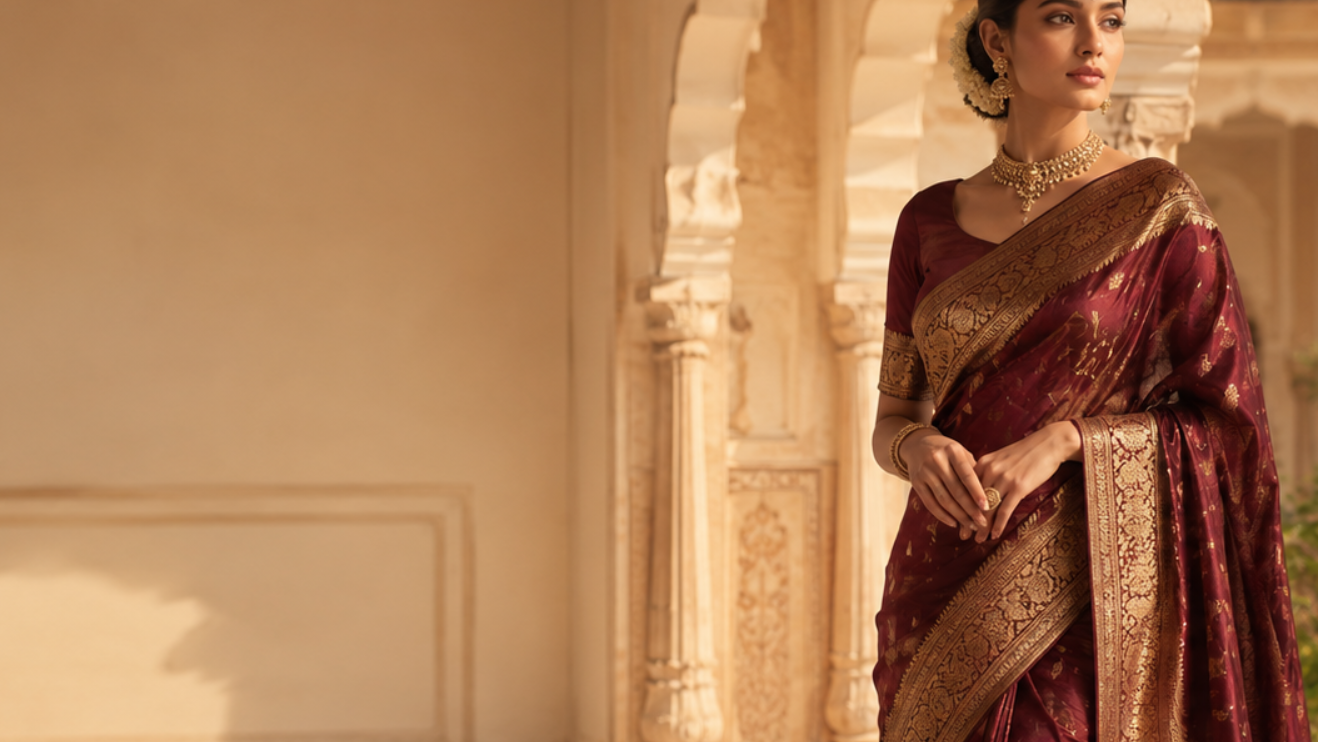 Modern Maharani — hero banner, woman in maroon Banarasi saree in haveli courtyard