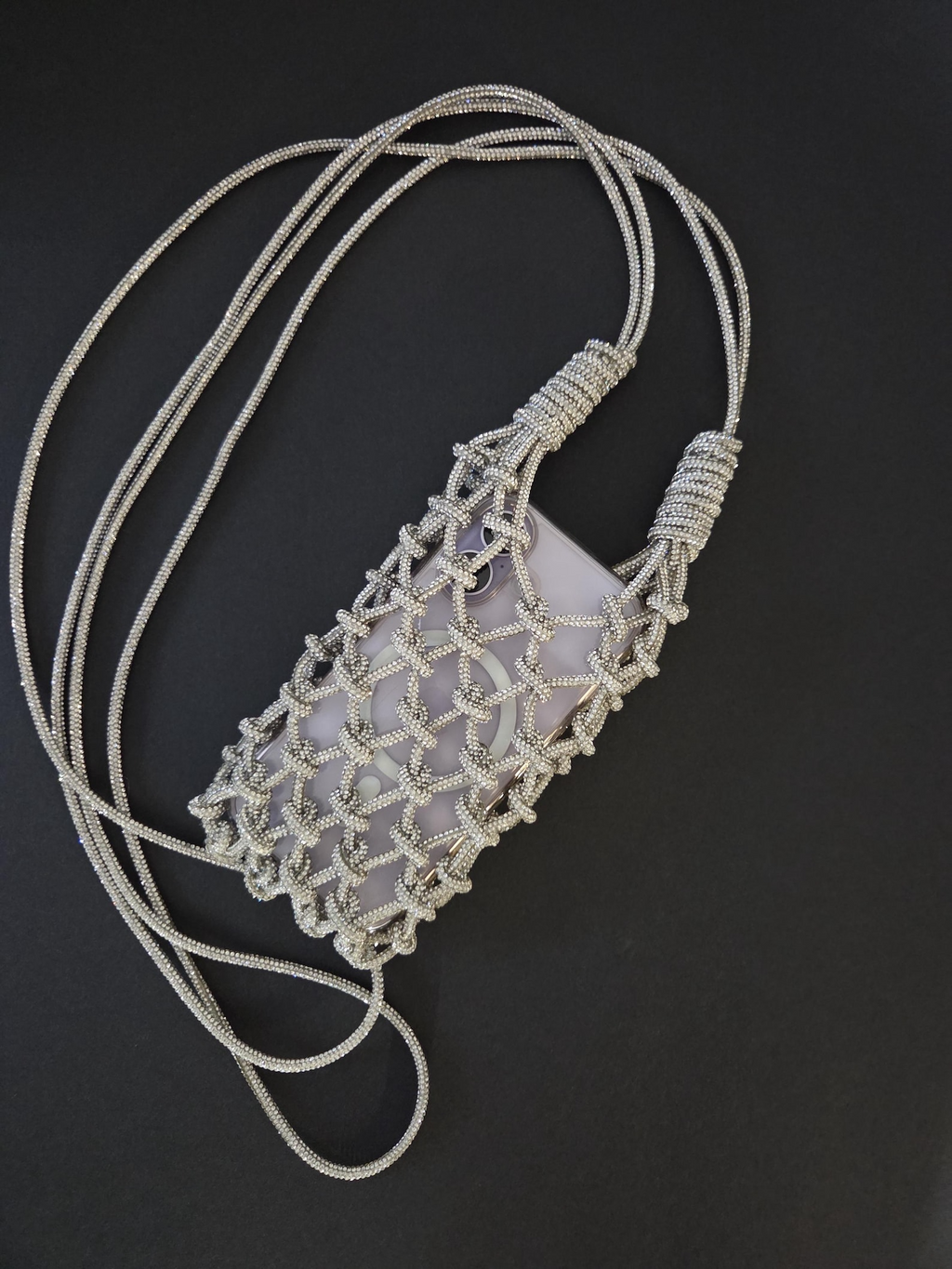 Handmade Macrame Rhinestone Phone Bag | Sparkling Crystal Crossbody Pouch