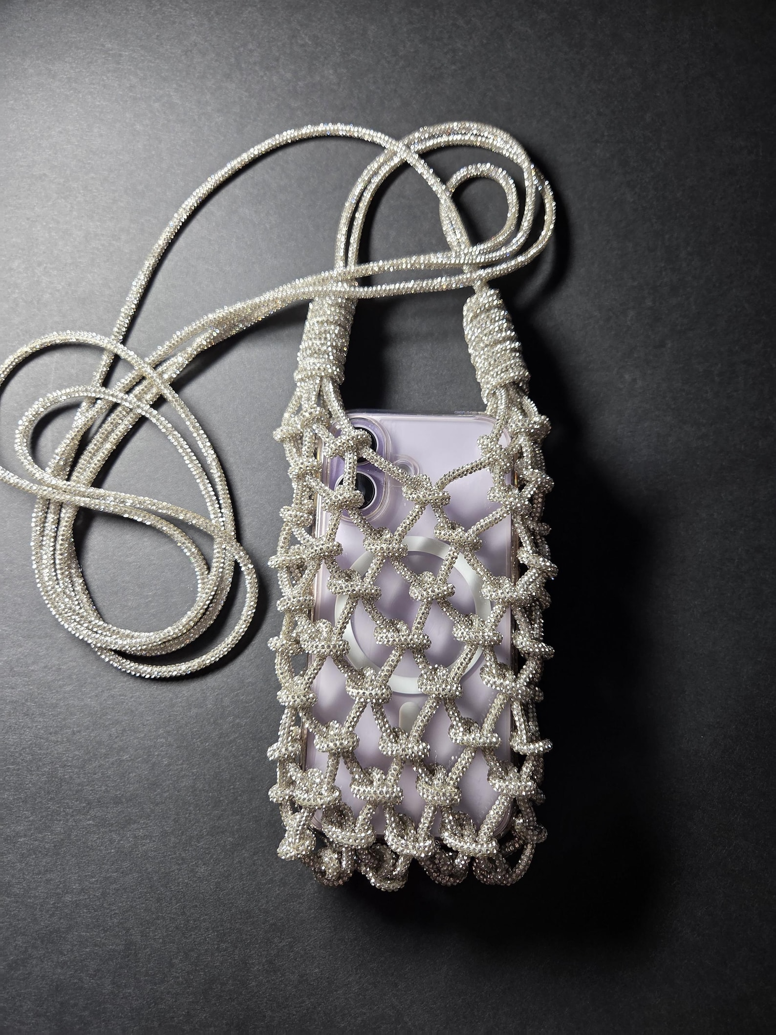 Handmade Macrame Rhinestone Phone Bag | Sparkling Crystal Crossbody Pouch