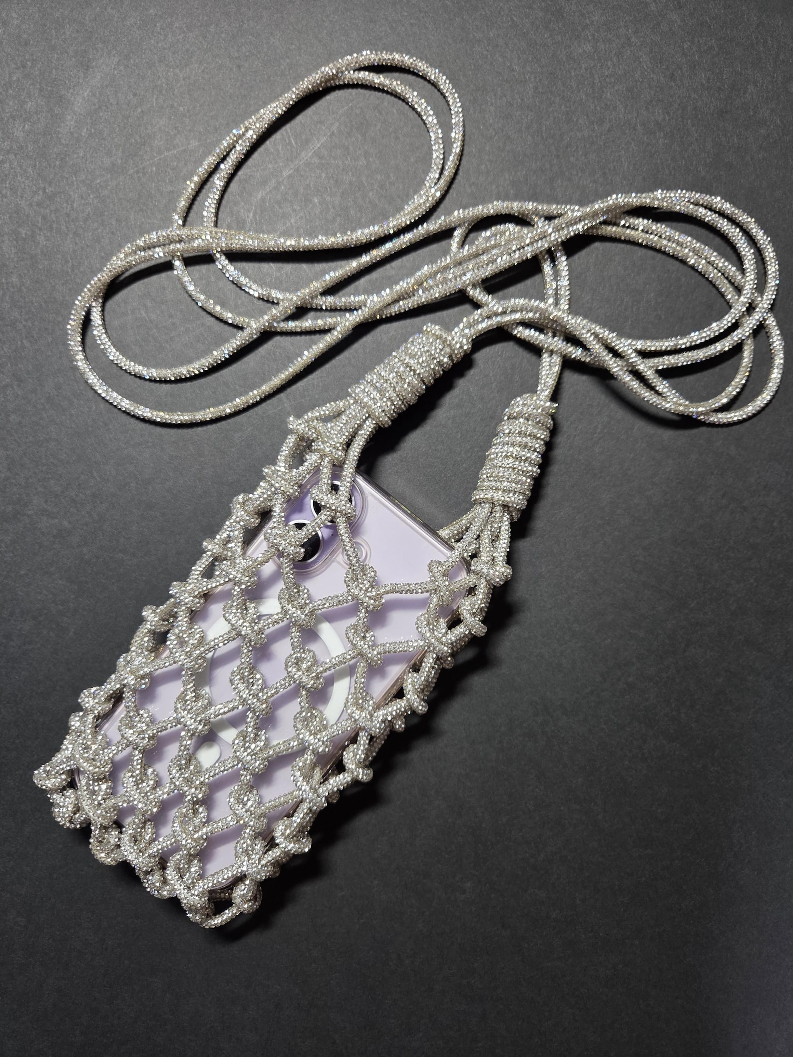 Handmade Macrame Rhinestone Phone Bag | Sparkling Crystal Crossbody Pouch