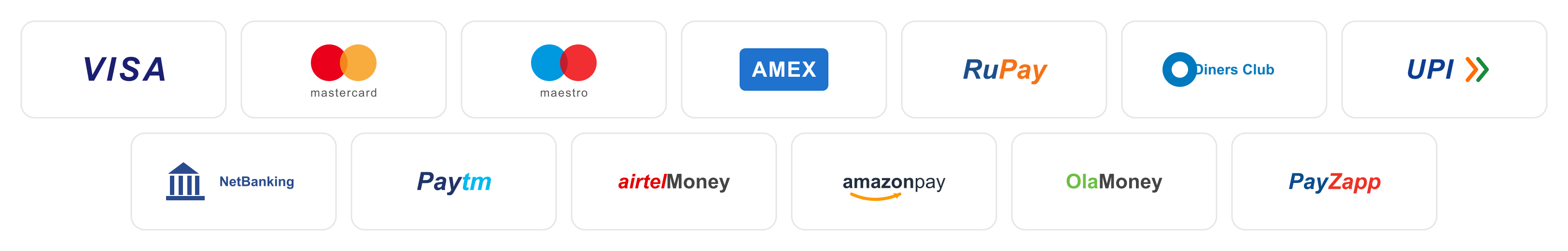 Accepted payment methods — Visa, Mastercard, Maestro, Amex, RuPay, Diners Club, UPI, NetBanking, Paytm, Airtel Money, Amazon Pay, Ola Money, PayZapp