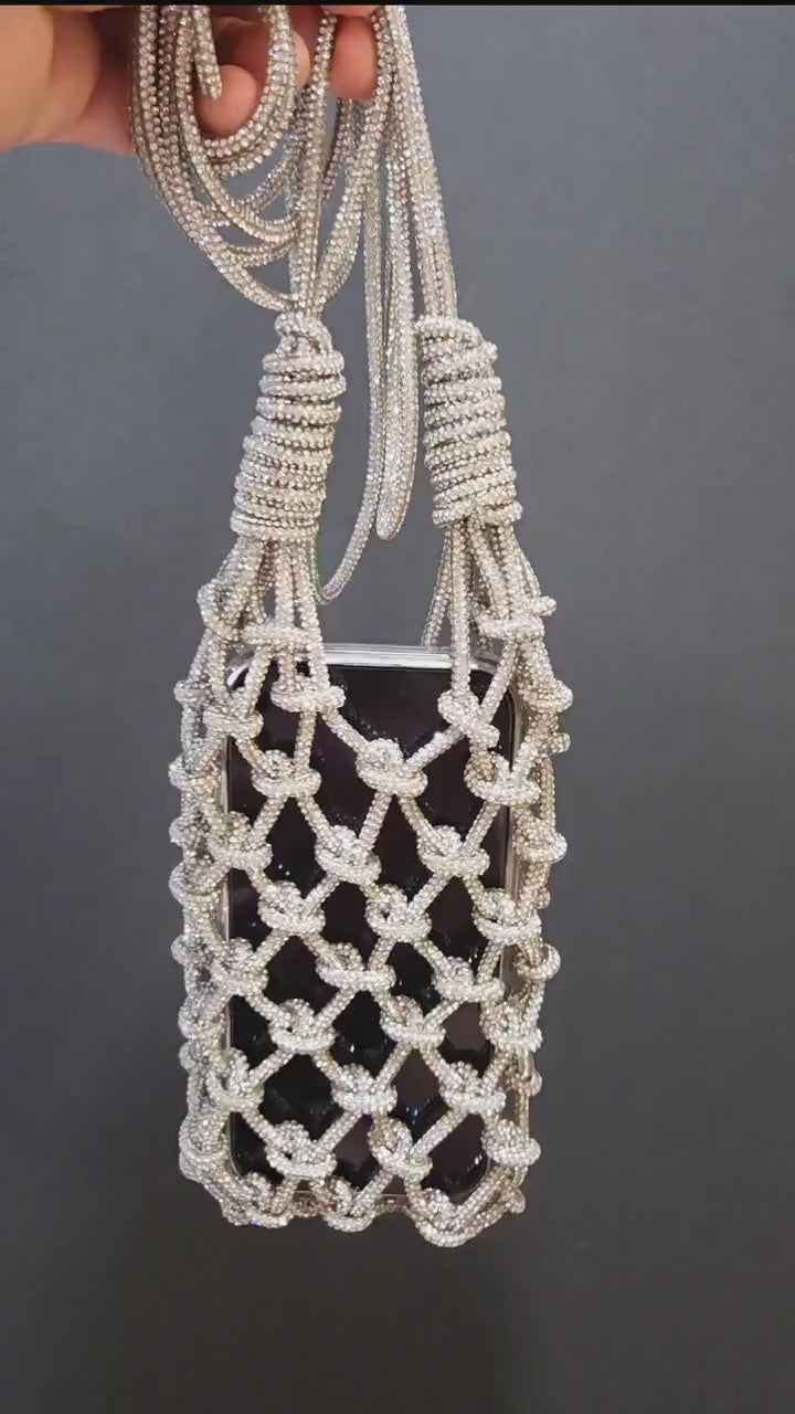 Handmade Macrame Rhinestone Phone Bag | Sparkling Crystal Crossbody Pouch