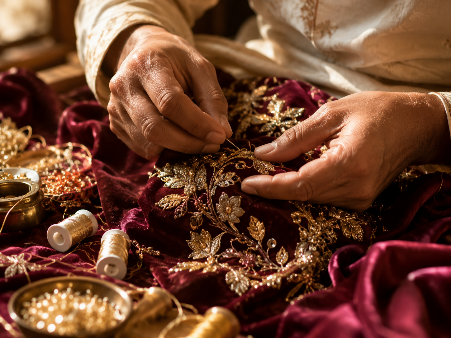 Modern Maharani — zardozi gold embroidery on maroon velvet